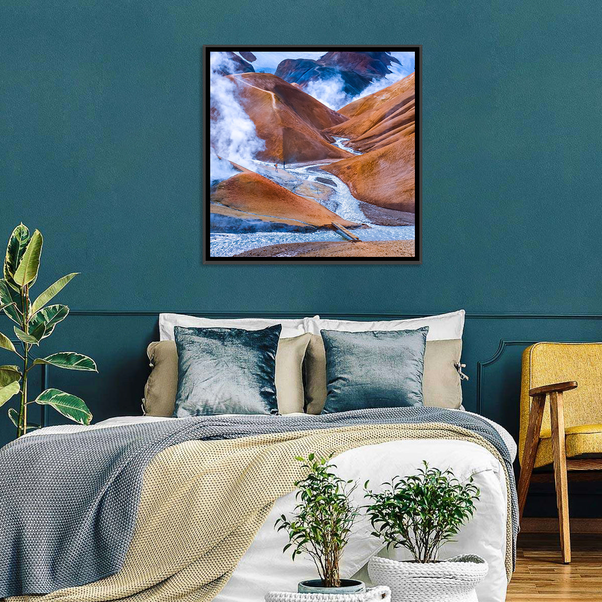 Geothermal Valley with Footbridge Wall Art in a room, square