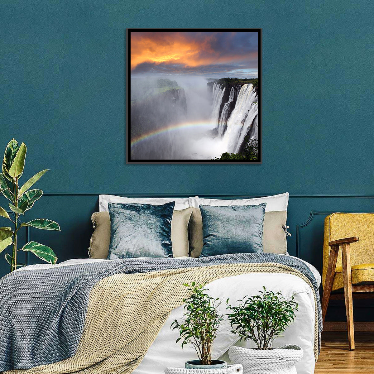 Victoria Falls Rainbow at Dusk Wall Art in a room, square