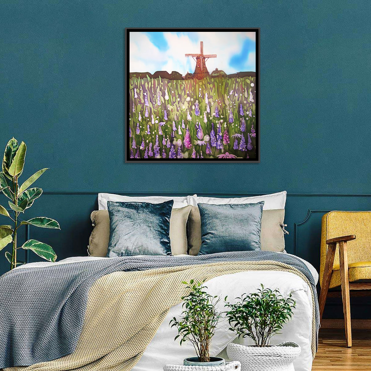 Ink Wash Windmill in Blooming Field Wall Art
