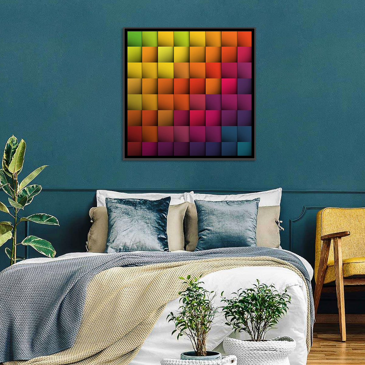 Vibrant Gradient Squares Grid Wall Art in a room, square