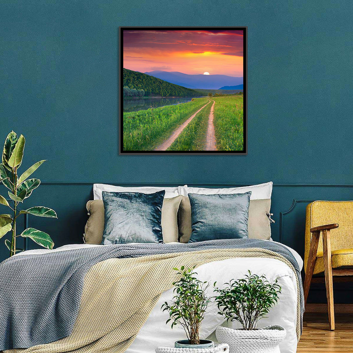 Sunset Path to Mountain Lake Wall Art in a room, square