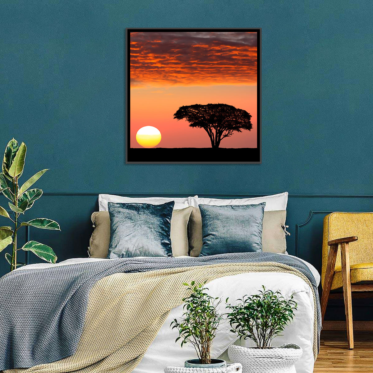 Serengeti Sunset Silhouette Wall Art in a room, square