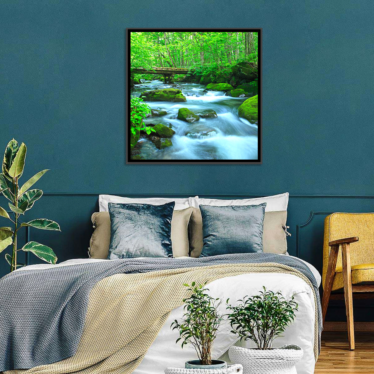 Mossy Forest Stream Wall Art in a room, square
