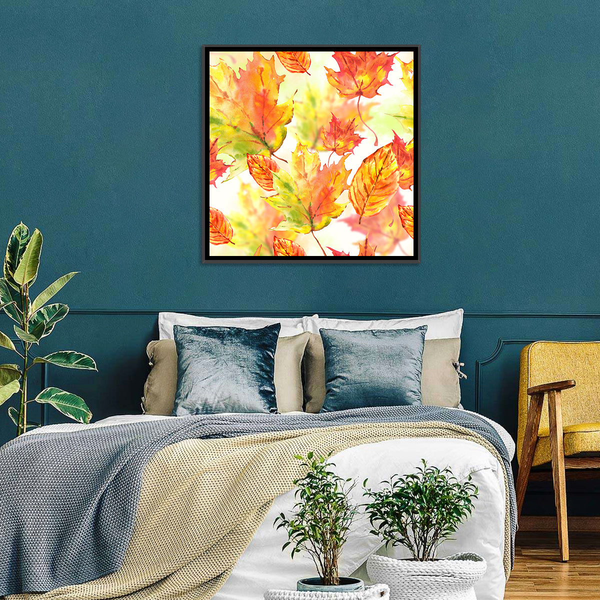 Falling Autumn Leaves Wall Art in a room, square
