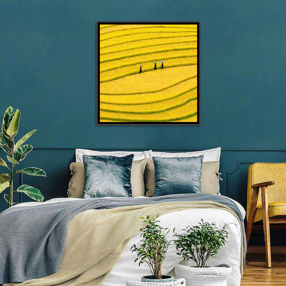 Golden Rice Terraces with Umbrellas Wall Art in a room, square
