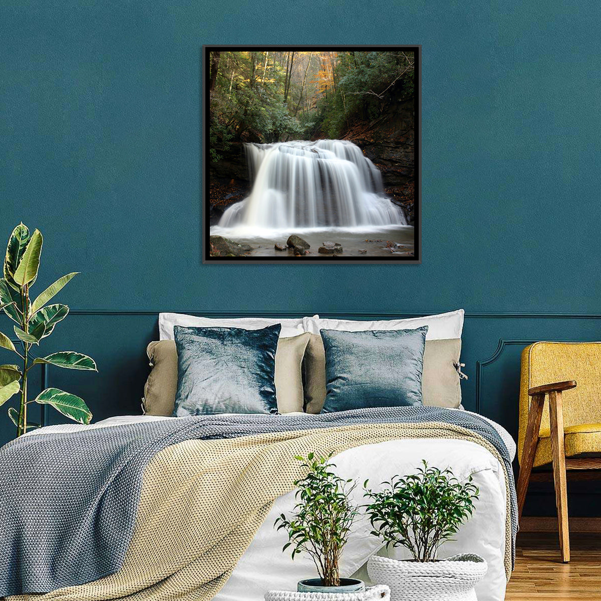 Holly River Autumn Waterfall Wall Art in a room, square
