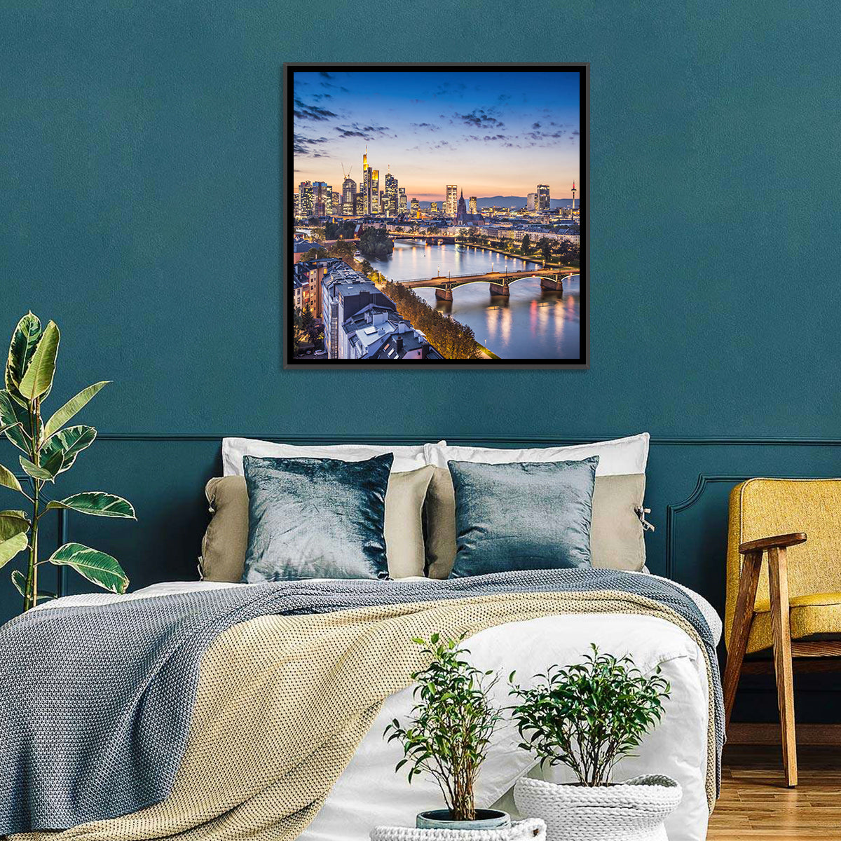 Frankfurt Twilight Skyline Wall Art in a room, square