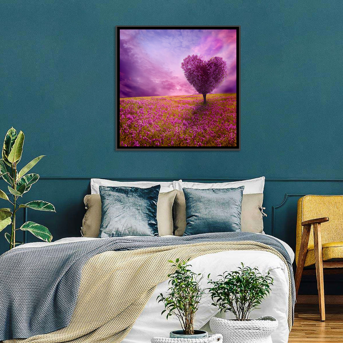 Heart-shaped Tree at Sunset Wall Art in a room, square