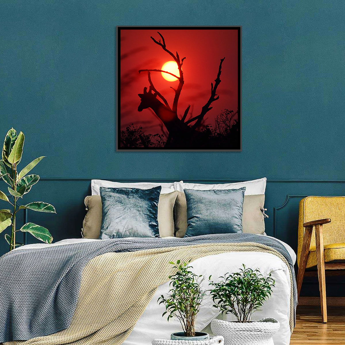 Giraffe Silhouette at Sunset Wall Art in a room, square