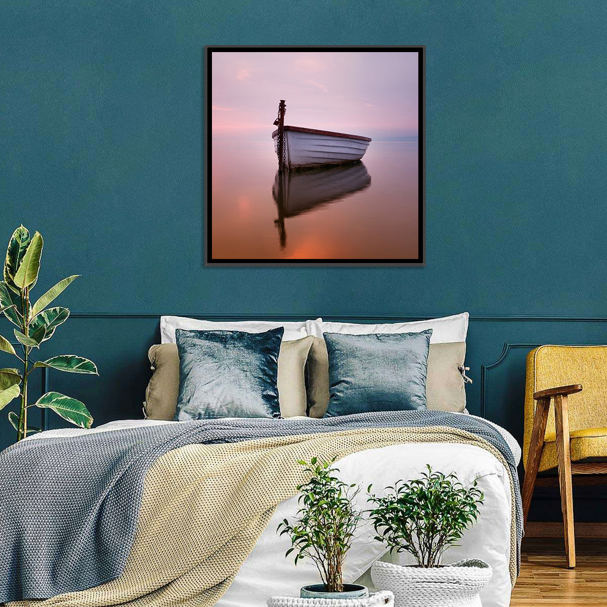 Pastel Boat Reflection Wall Art in a room, square