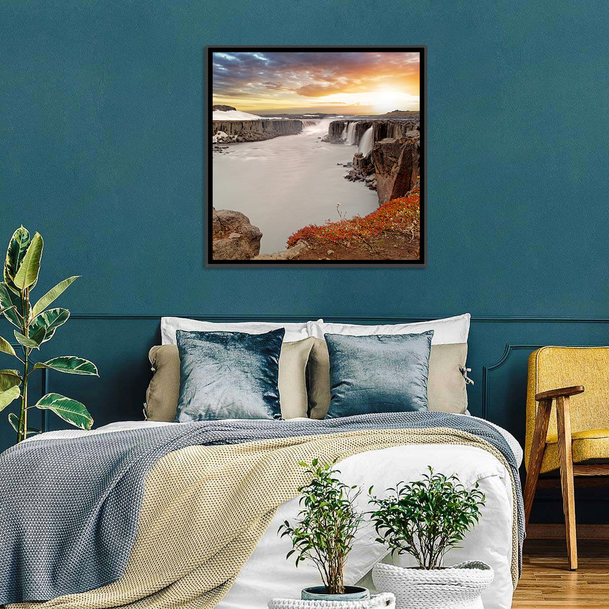 Selfoss Waterfall at Sunset Wall Art in a room, square