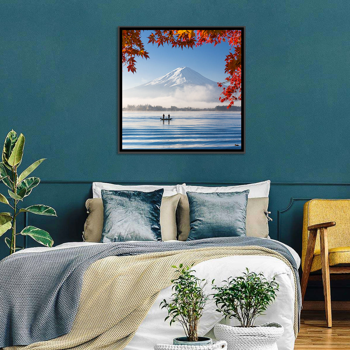 Mount Fuji Over Lake Kawaguchiko Wall Art in a room, square