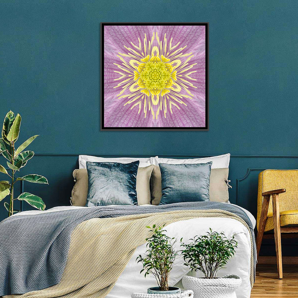 Kaleidoscopic Floral Mandala in Purple and Yellow Wall Art