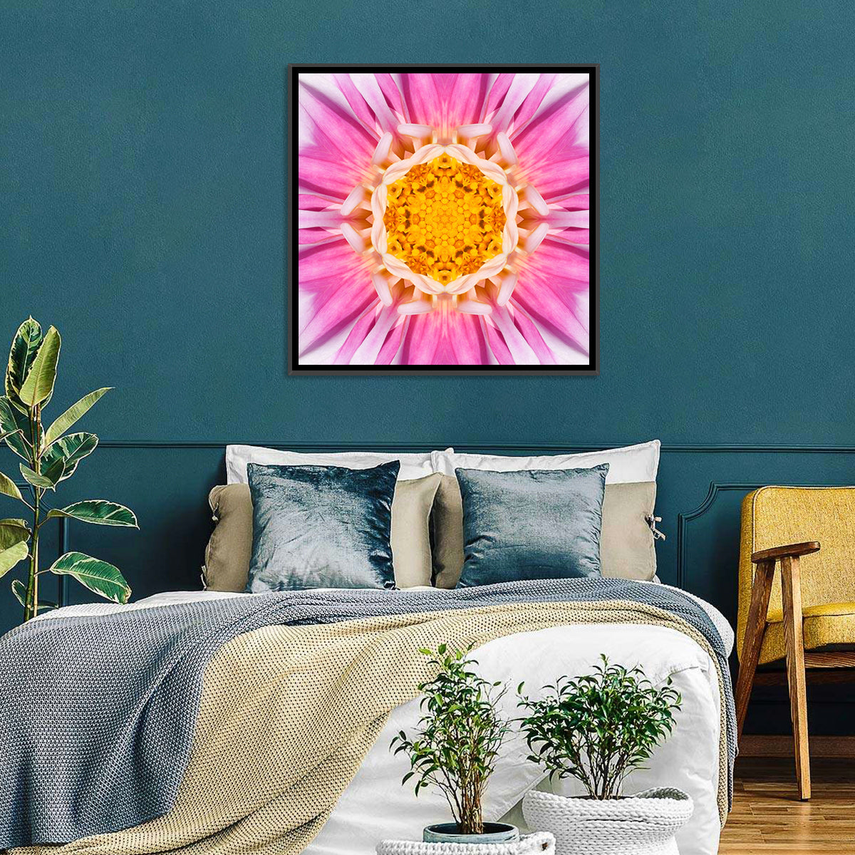Kaleidoscopic Dahlia Mandala Bloom Wall Art in a room, square