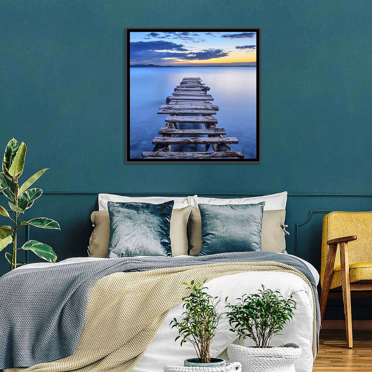 Weathered Lake Pier at Dusk Wall Art in a room, square