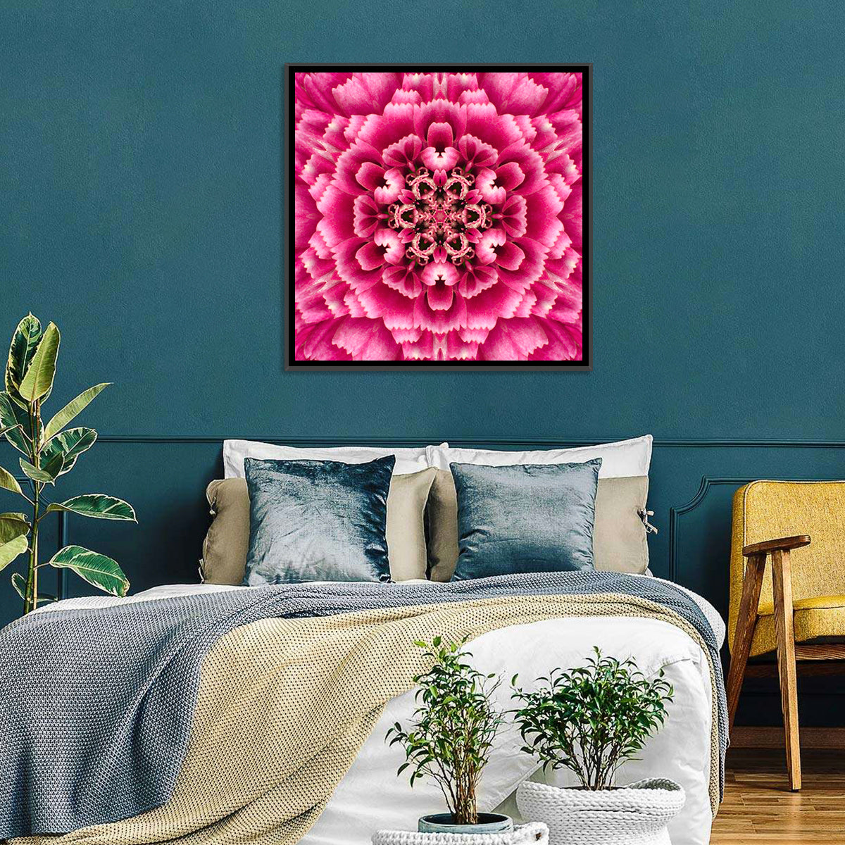 Kaleidoscopic Pink Chrysanthemum Mandala Wall Art in a room, square