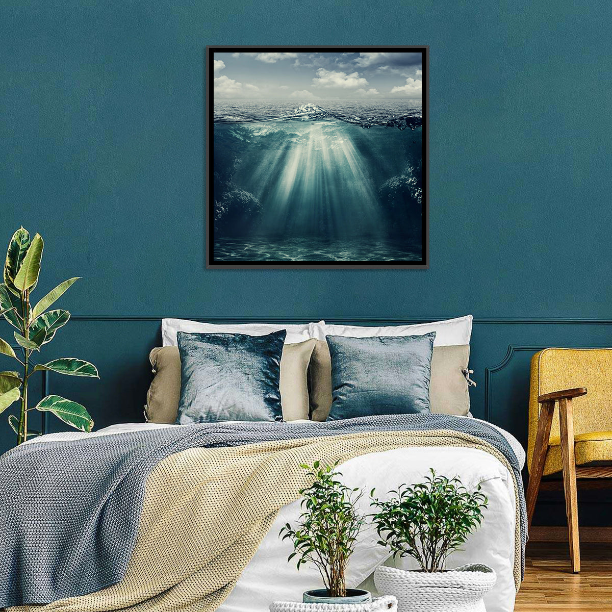 Split-level Underwater Ocean View Wall Art in a room, square