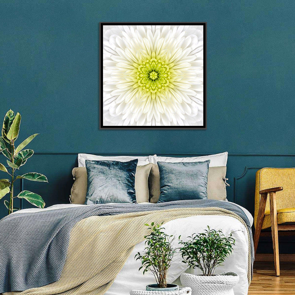 White Chrysanthemum Mandala Close Up Wall Art in a room, square