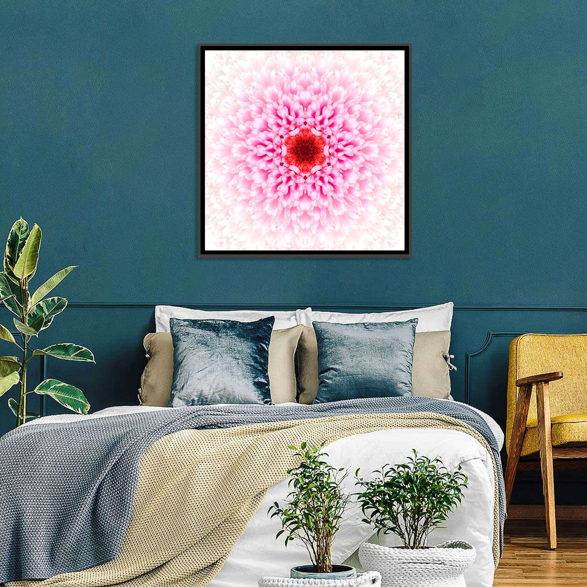 Pink Chrysanthemum Mandala with Deep Red Center Wall Art in a room, square