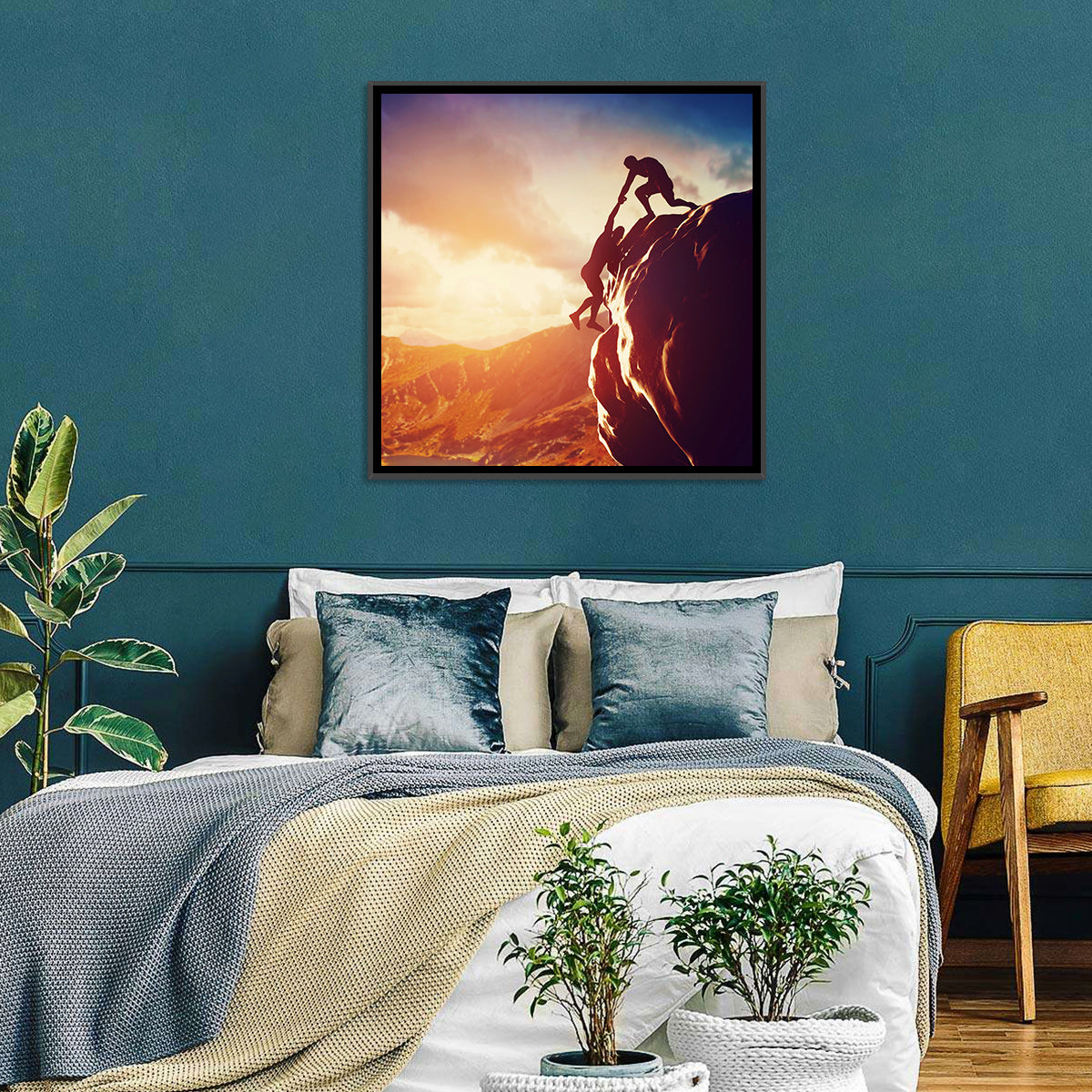 Two Hikers Summit Assist at Sunset Wall Art in a room, square