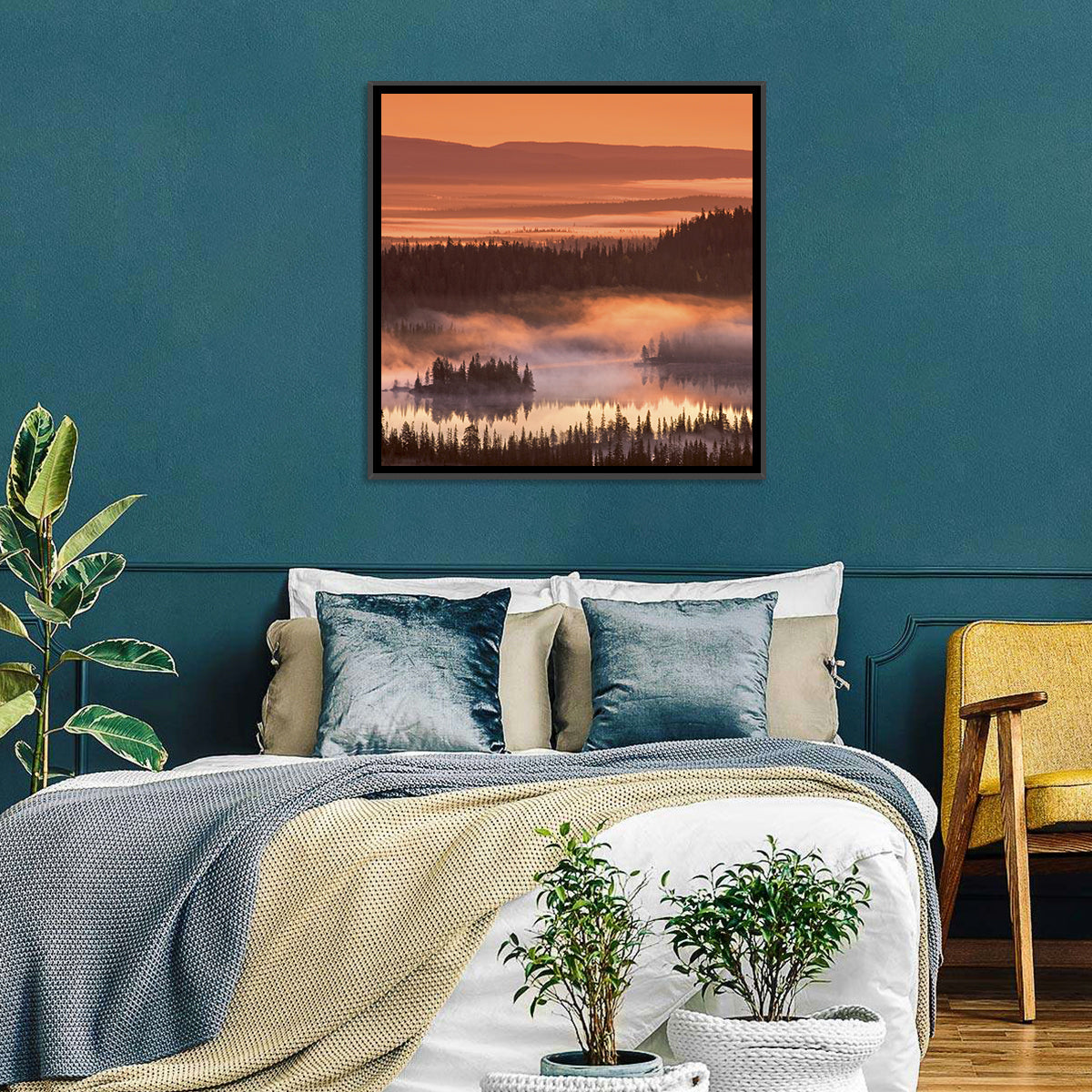 Lapland Sunrise Over Misty Lake Wall Art in a room, square