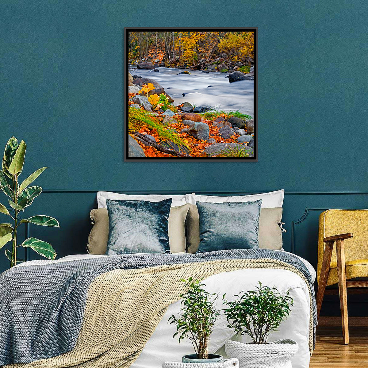 Golden Autumn Forest Creek Wall Art in a room, square