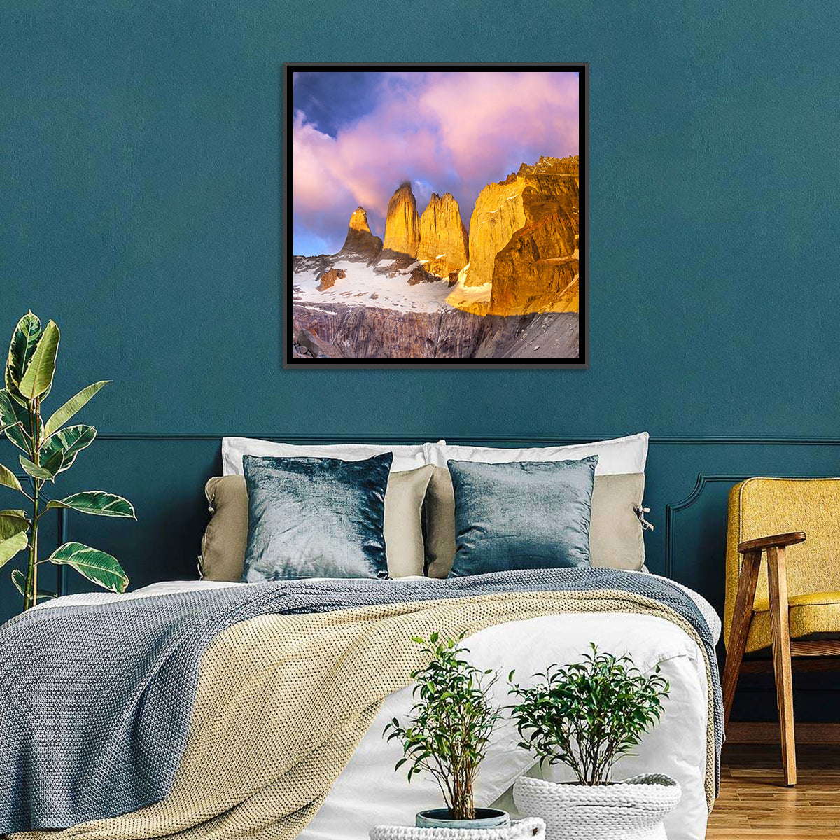 Torres Del Paine Alpenglow Wall Art in a room, square