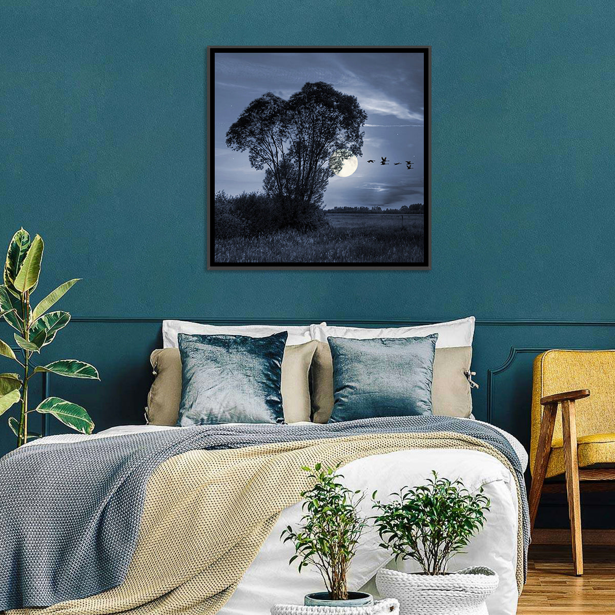 Moonlit Birds Over Quiet Field Wall Art in a room, square