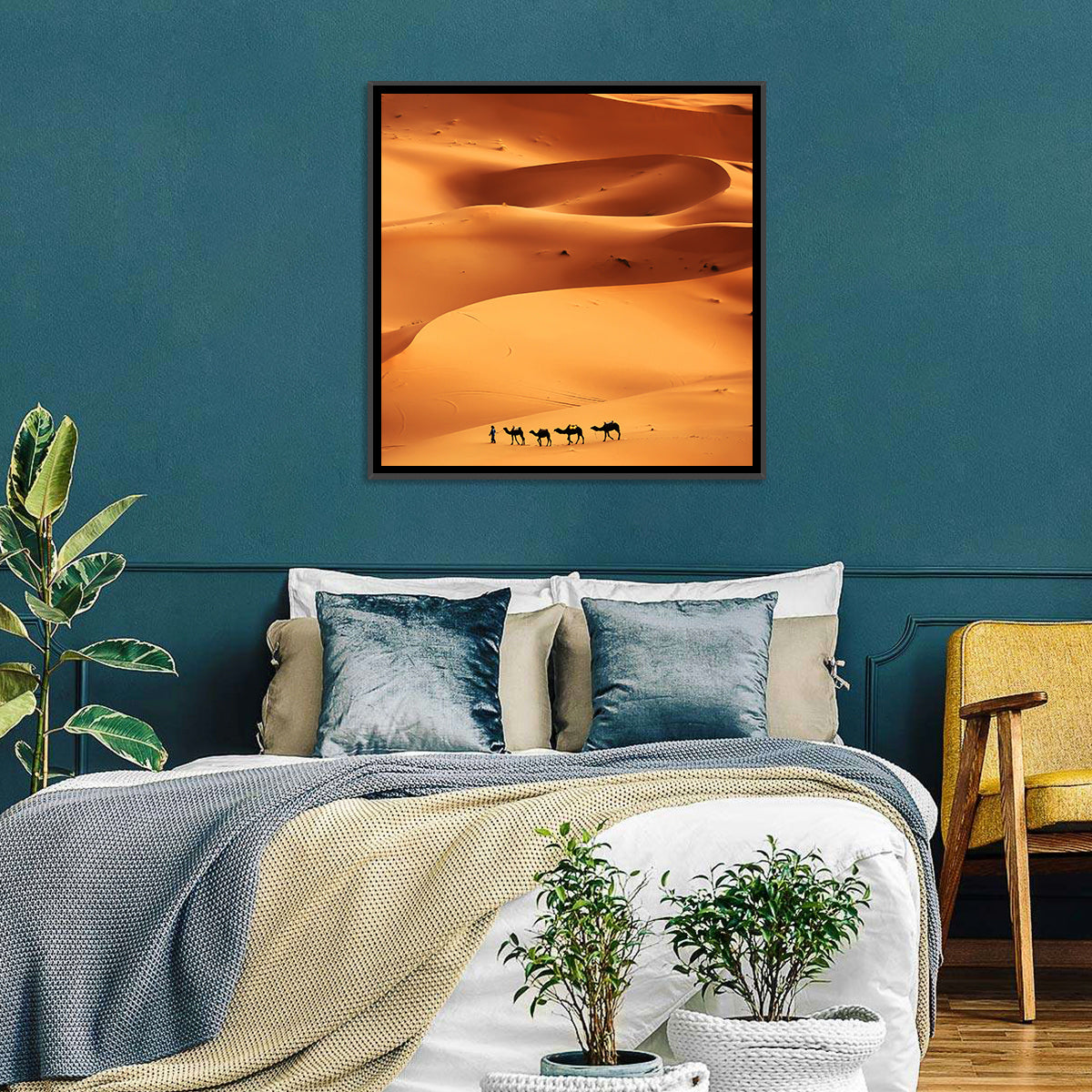 Desert Camel Caravan in Golden Dunes Wall Art in a room, square
