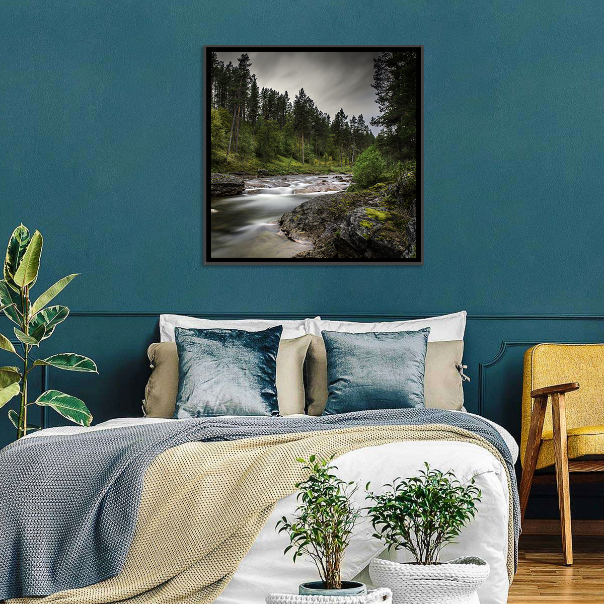 Mossy Forest Stream Wall Art in a room, square