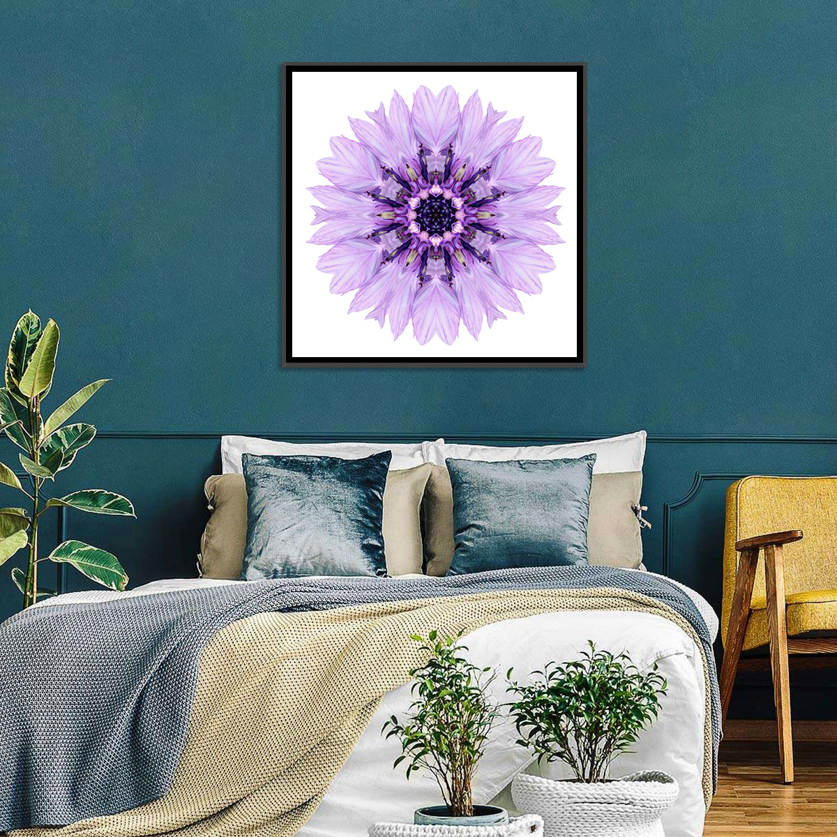 Lavender Cornflower Mandala Wall Art in a room, square