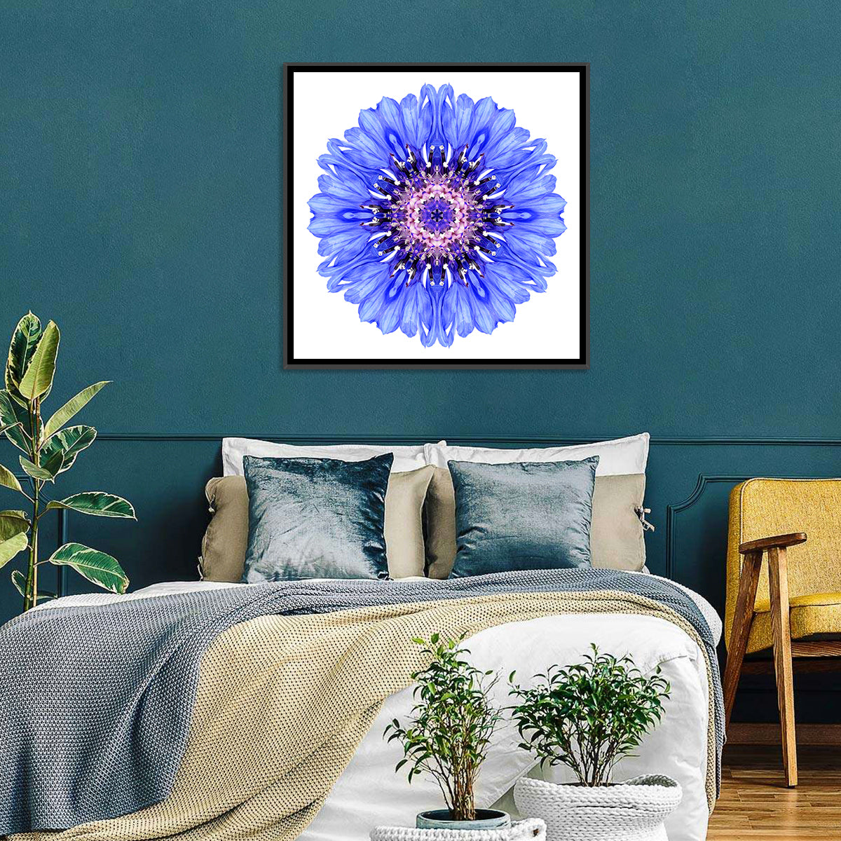 Blue Cornflower Mandala Pattern Wall Art in a room, square