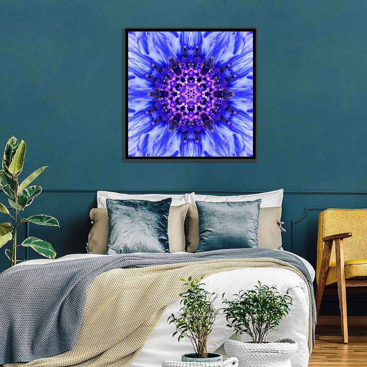 Kaleidoscopic Cornflower Mandala Wall Art in a room, square