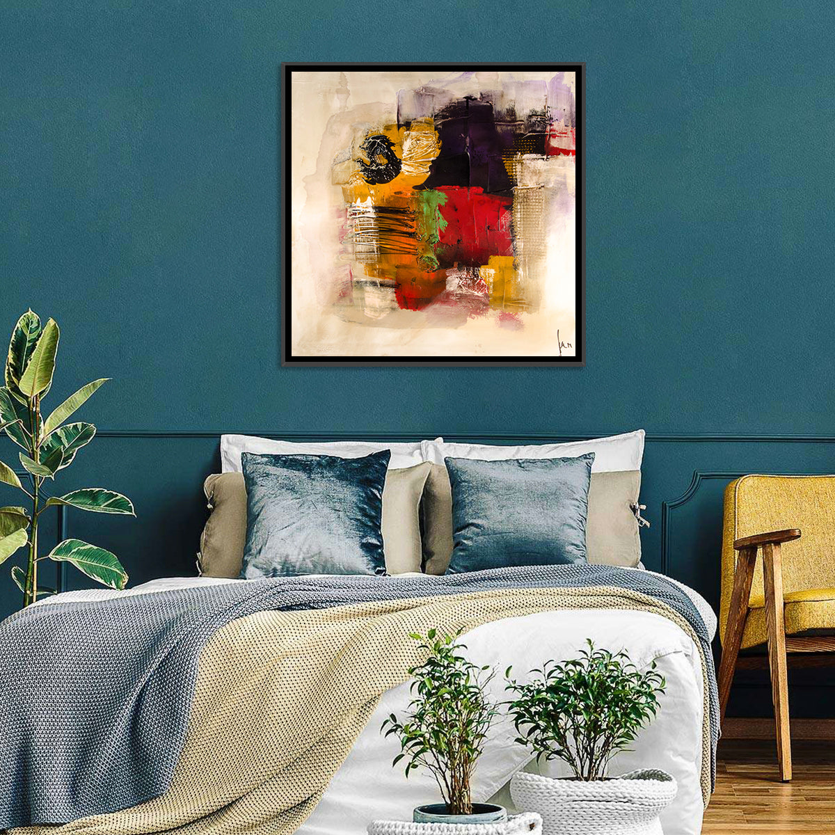 Bold Color Block Abstract with Black Circle Wall Art in a room, square