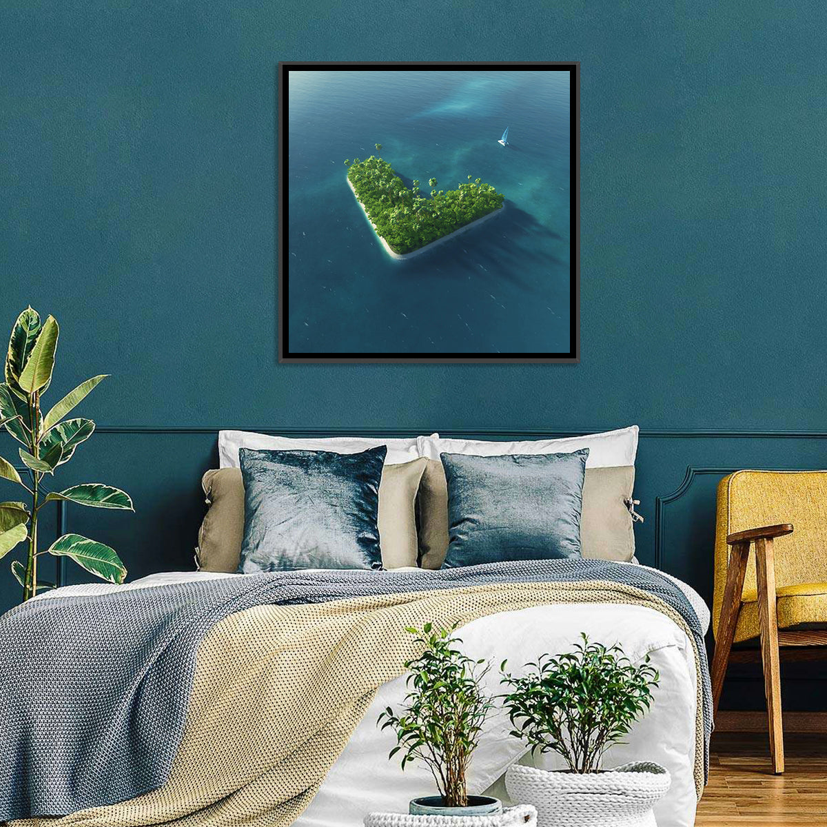 V-shaped Tropical Island with Distant Catamaran Wall Art in a room, square