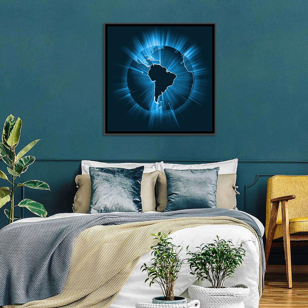 Glowing South America Map Wall Art in a room, square