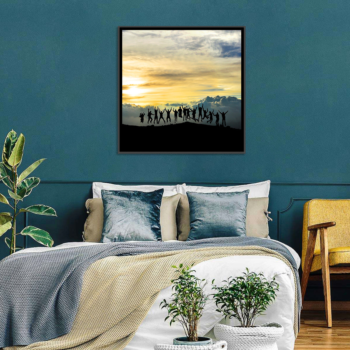 Golden Team Silhouettes at Sunset Wall Art in a room, square