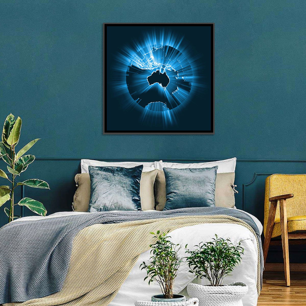 Glowing Australian Map Wall Art in a room, square