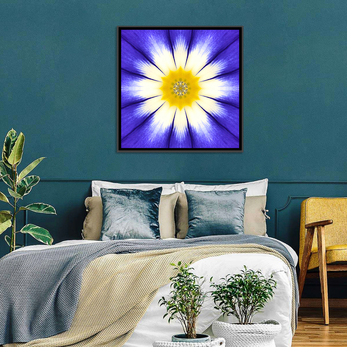 Blue Cornflower Mandala Bloom Wall Art in a room, square