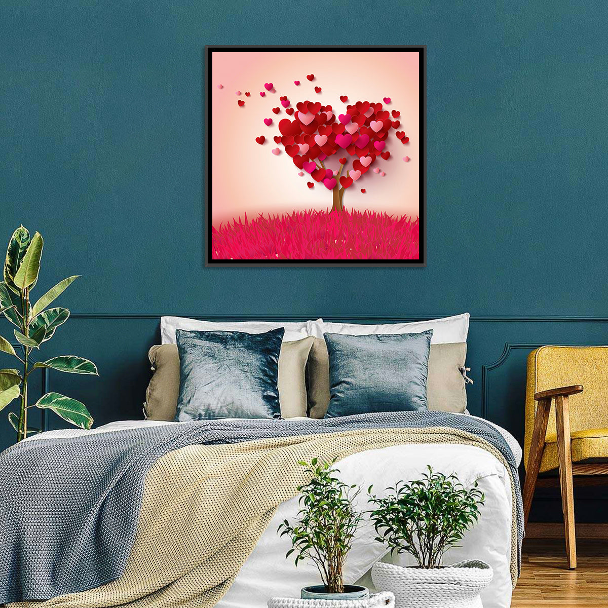 Whimsical Heart Tree Illustration Wall Art in a room, square