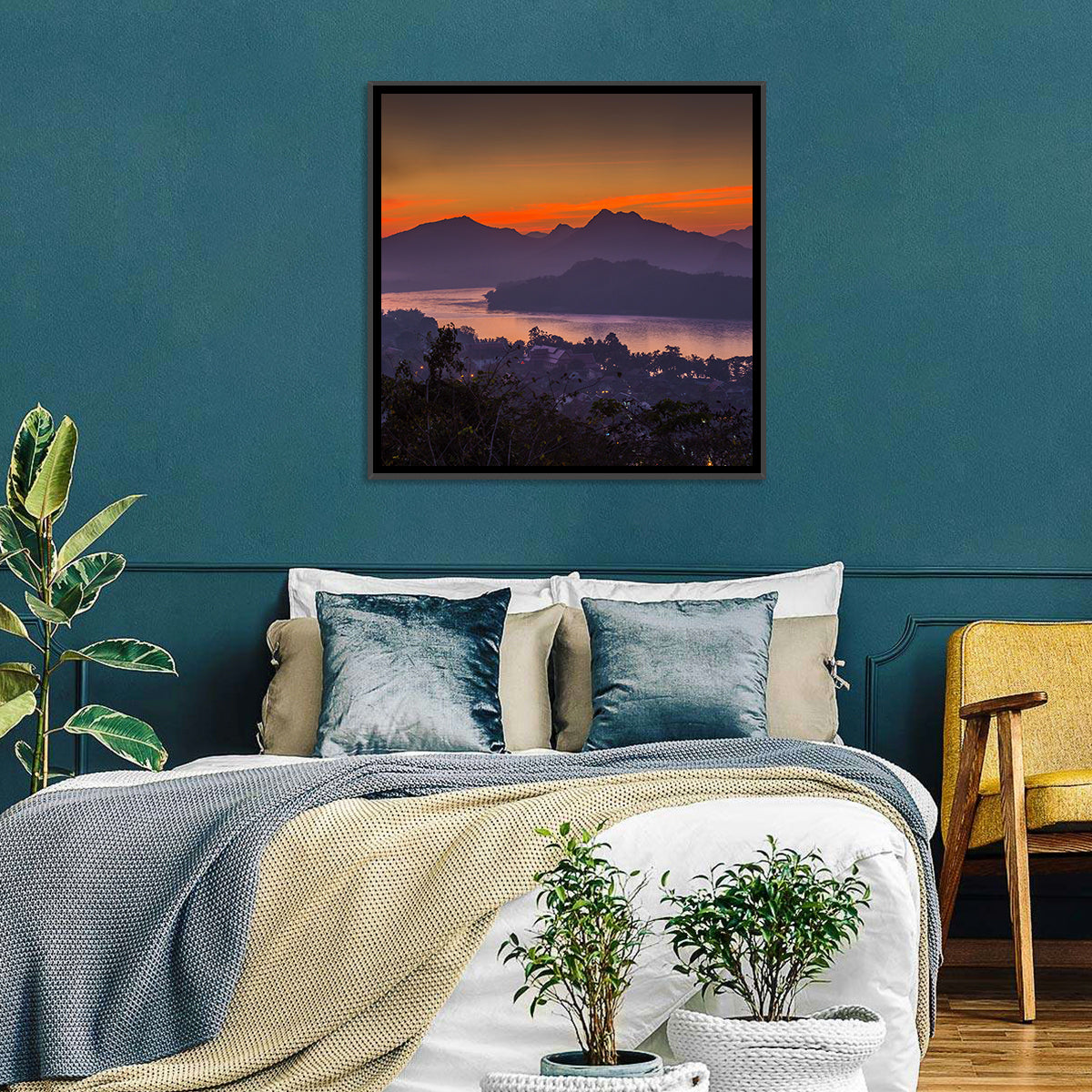 Luang Prabang Sunset Over Mekong Wall Art in a room, square