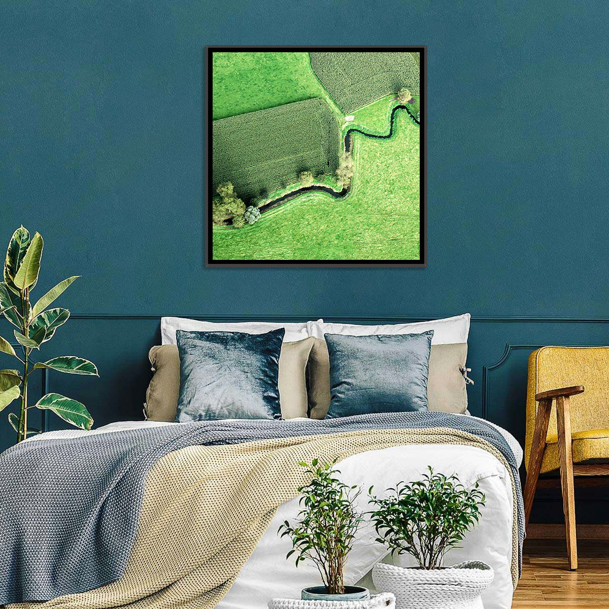 Meandering Stream Over Farmland Wall Art in a room, square