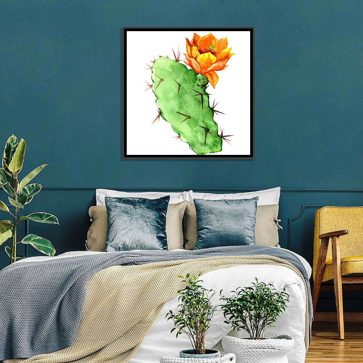 Opuntia Cactus Watercolor Wall Art in a room, square