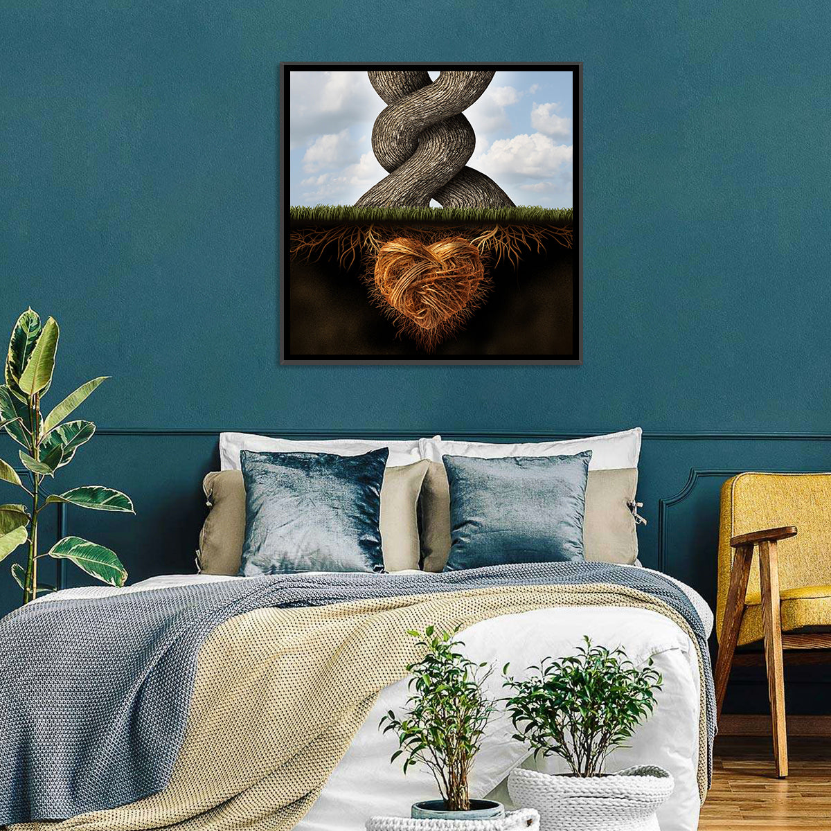 Intertwined Trees with Heart-shaped Roots Wall Art in a room, square