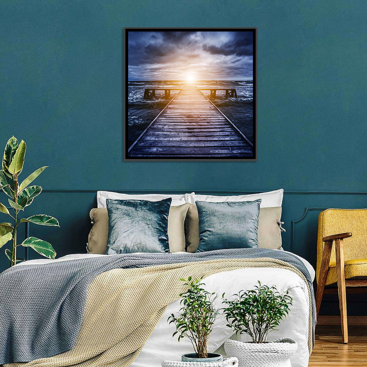 Sunlit Wooden Jetty at Dusk Wall Art in a room, square
