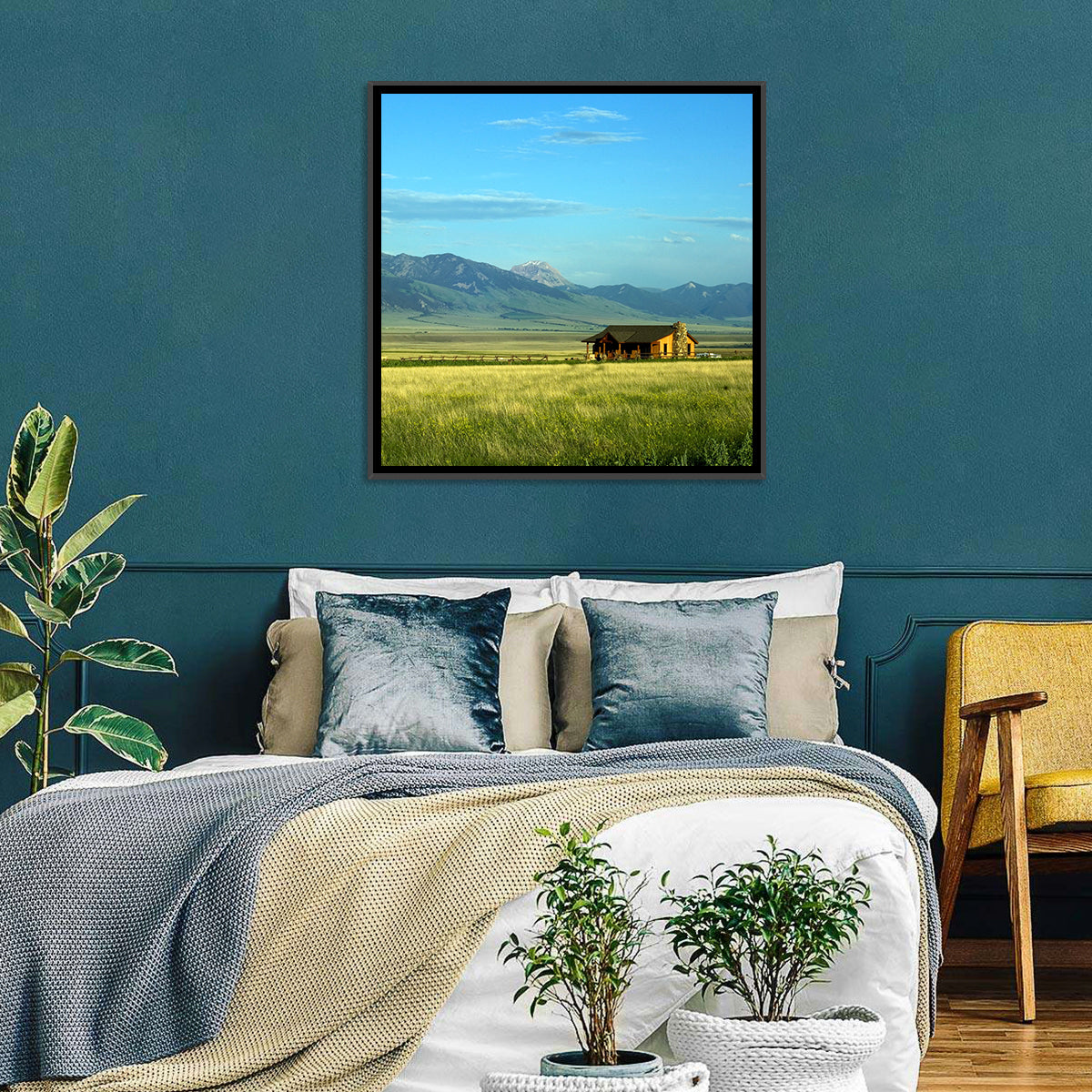 Montana Mountain Ranch Wall Art in a room, square