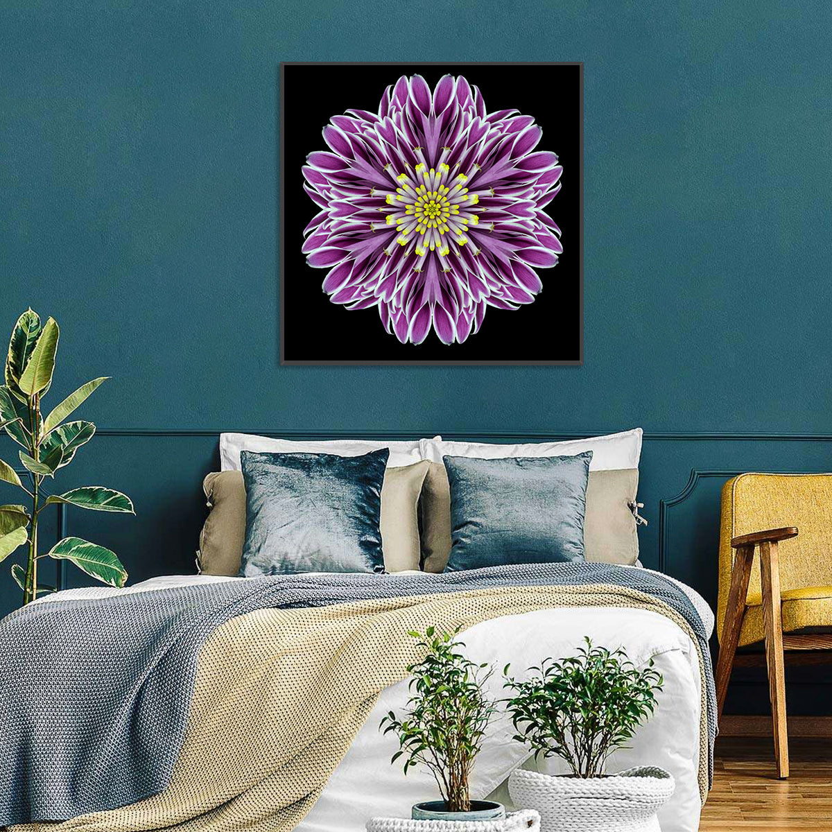 Kaleidoscopic Pink Floral Mandala Wall Art in a room, square
