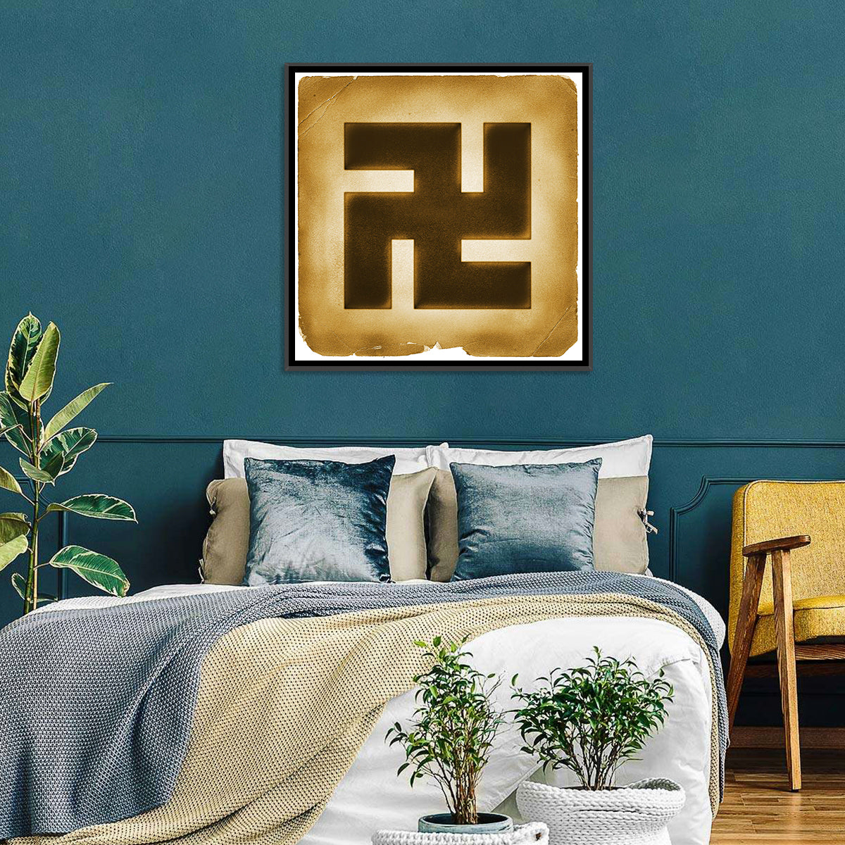 Buddhist Swastika Emblem Wall Art in a room, square