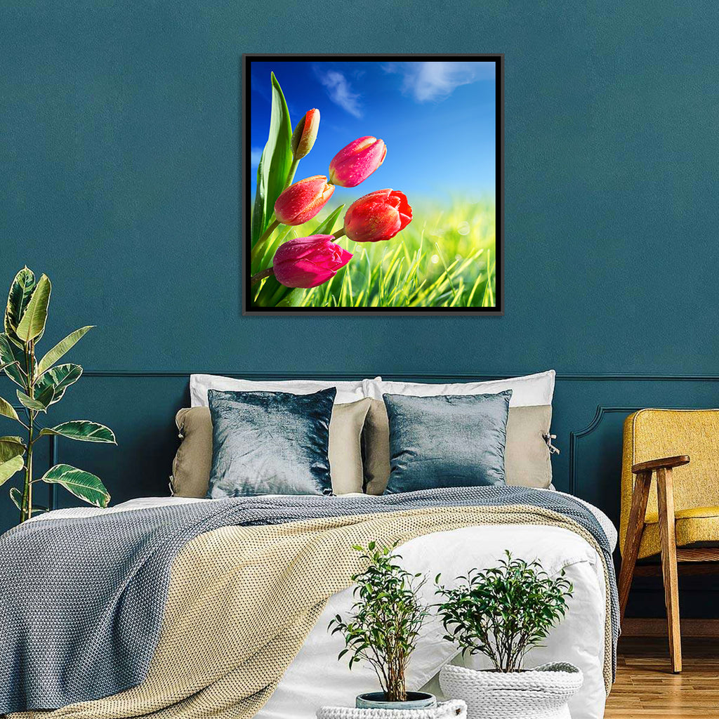 Dewy Red Tulips Under Blue Sky Wall Art