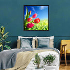 Dewy Red Tulips Under Blue Sky Wall Art